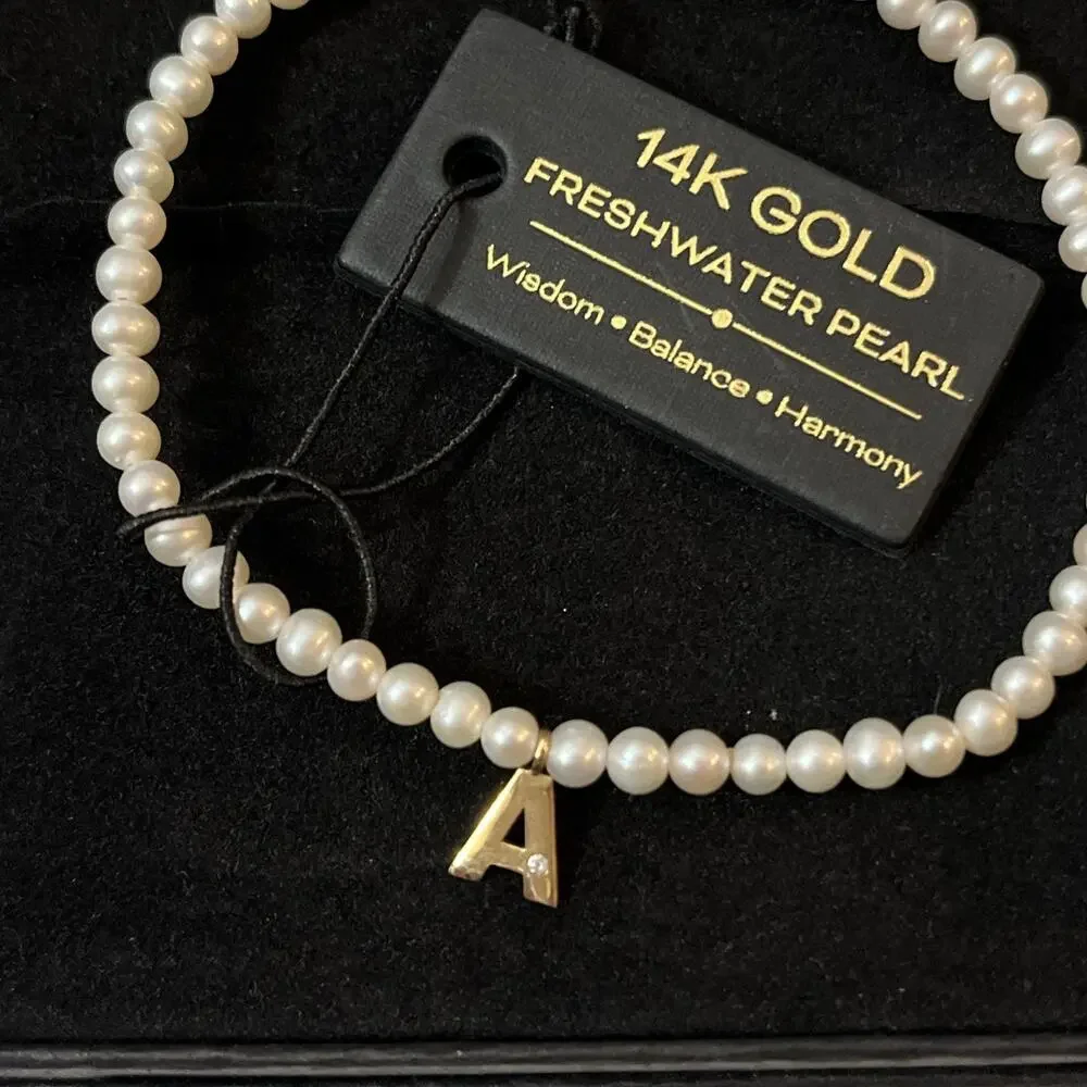 Freshwater Pearl Initial “A” Bracelet 14K Gold Pendant (J2)